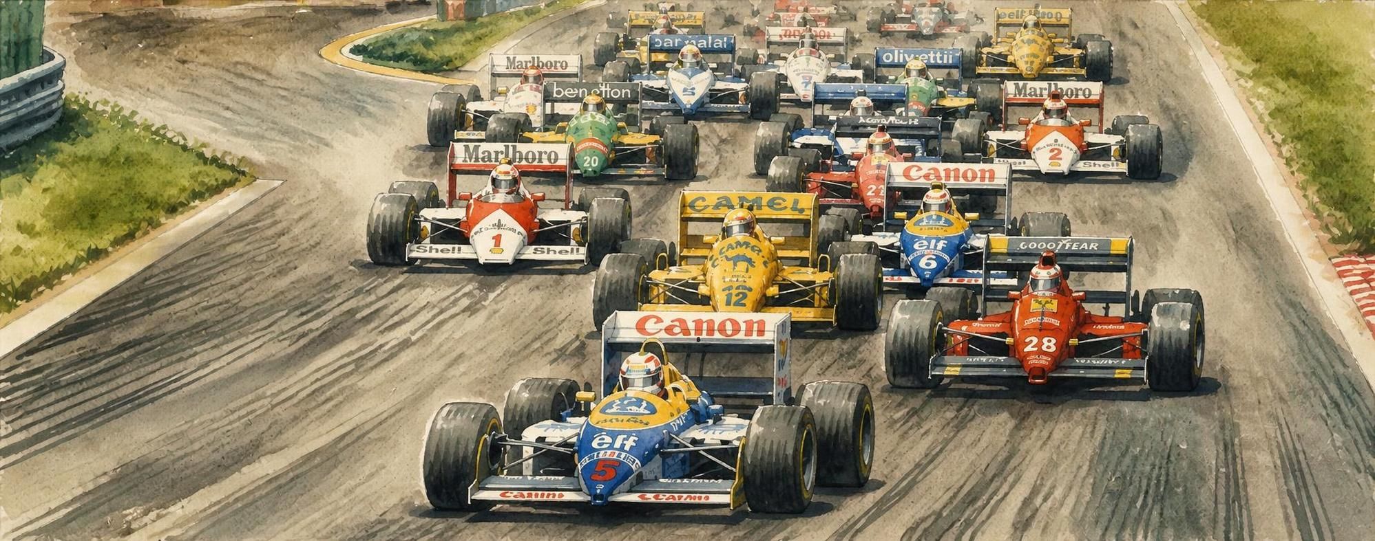 Watercolor rendition of 1986 through 1989 F1 cars racing on a straight approaching corner.