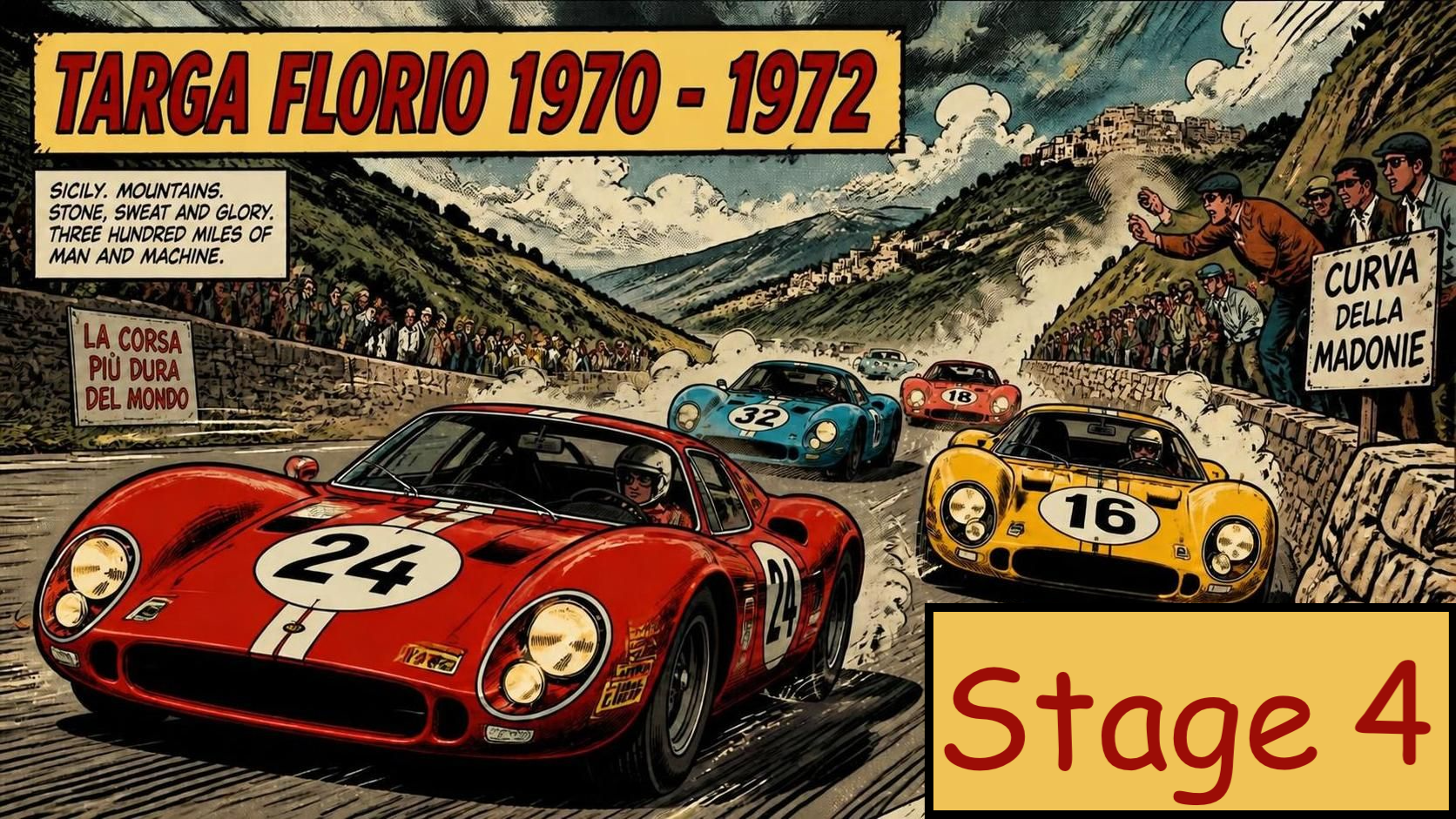 Stage 4 Series Image of two 1970 style cars racing on rally road